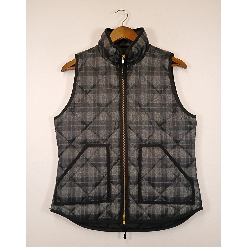 Preppy J.Crew Womens Small Grey Plaid Quilted Down Puffer Vest E4823 Gold Zip